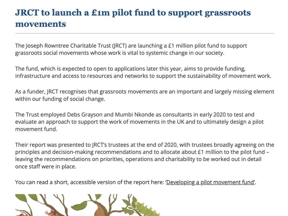 PLACEHOLDER (interim, pending final imagery): JRCT blog post announcing the Grassroots Movement Fund pilot, with illustrated plant motif