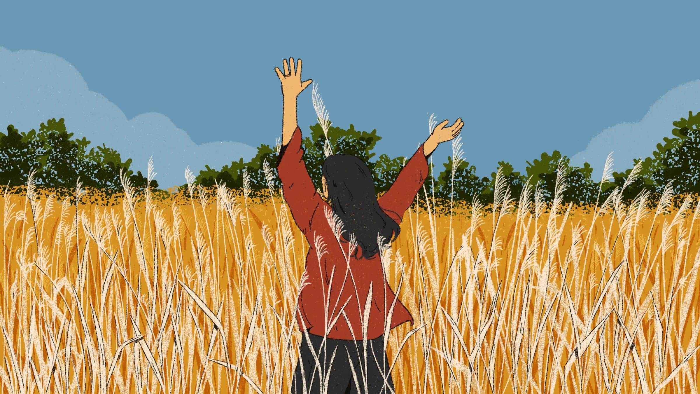 Illustration of Guppi Bola standing with arms raised in a golden wheat field, full body, no facial detail
