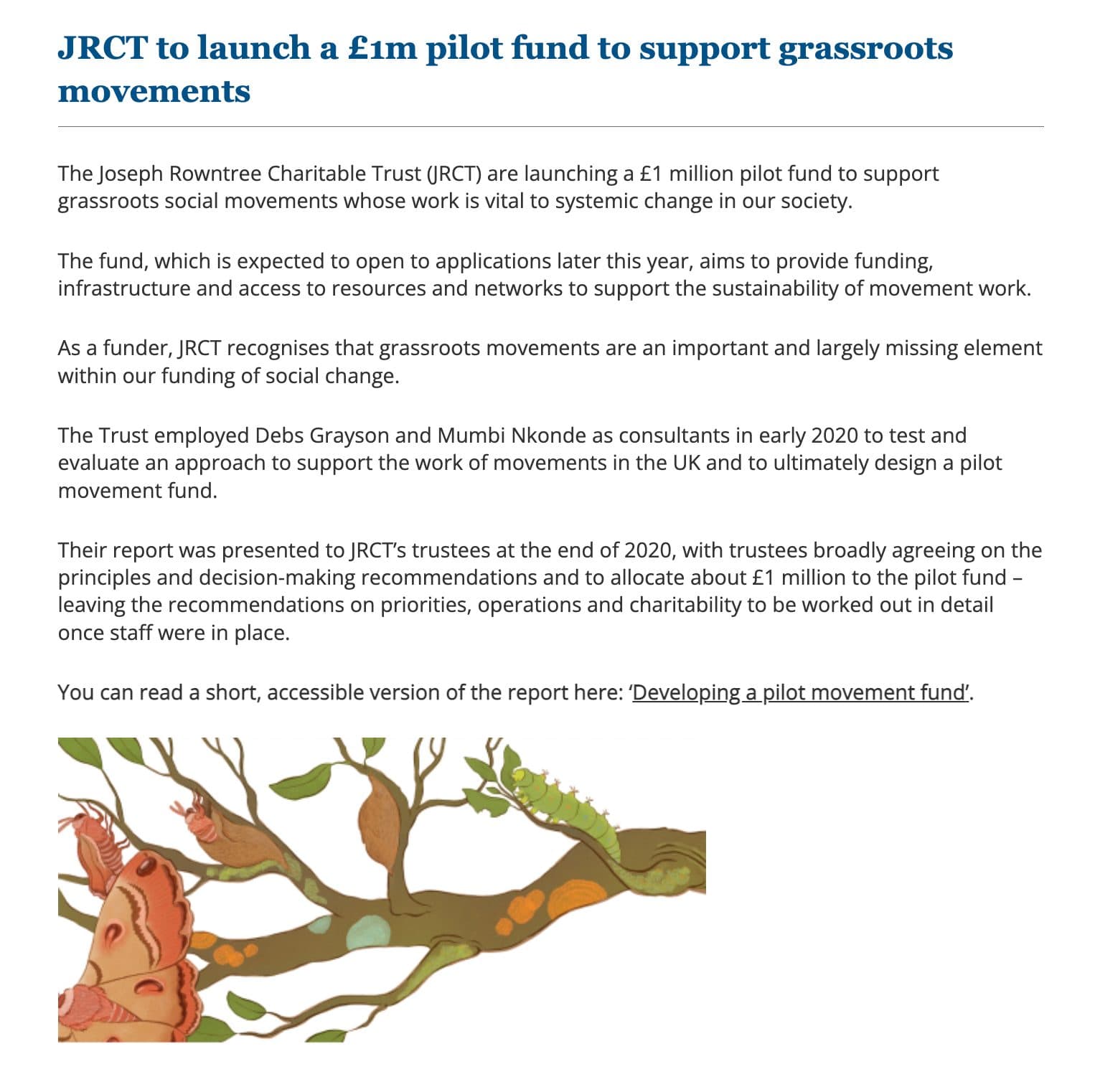 JRCT web article announcing a £1m pilot fund for grassroots movements, with an illustration of trees and interlinked roots