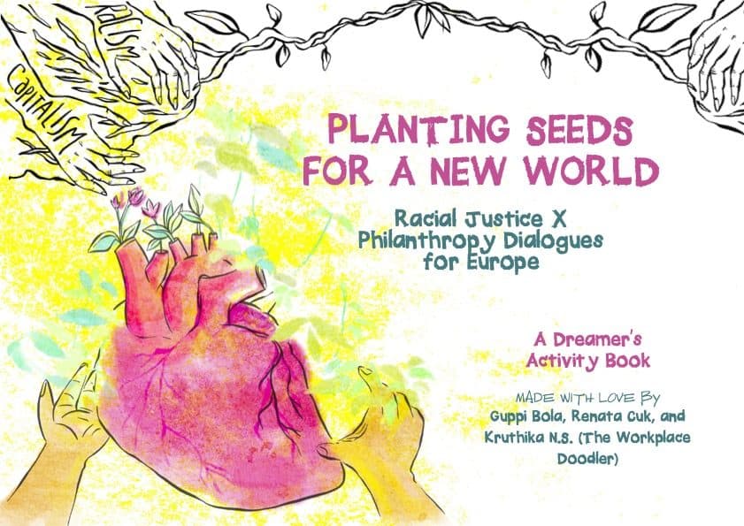 Handbook cover: a hand-painted heart sprouting flowers held by reaching hands, titled Planting Seeds for a New World