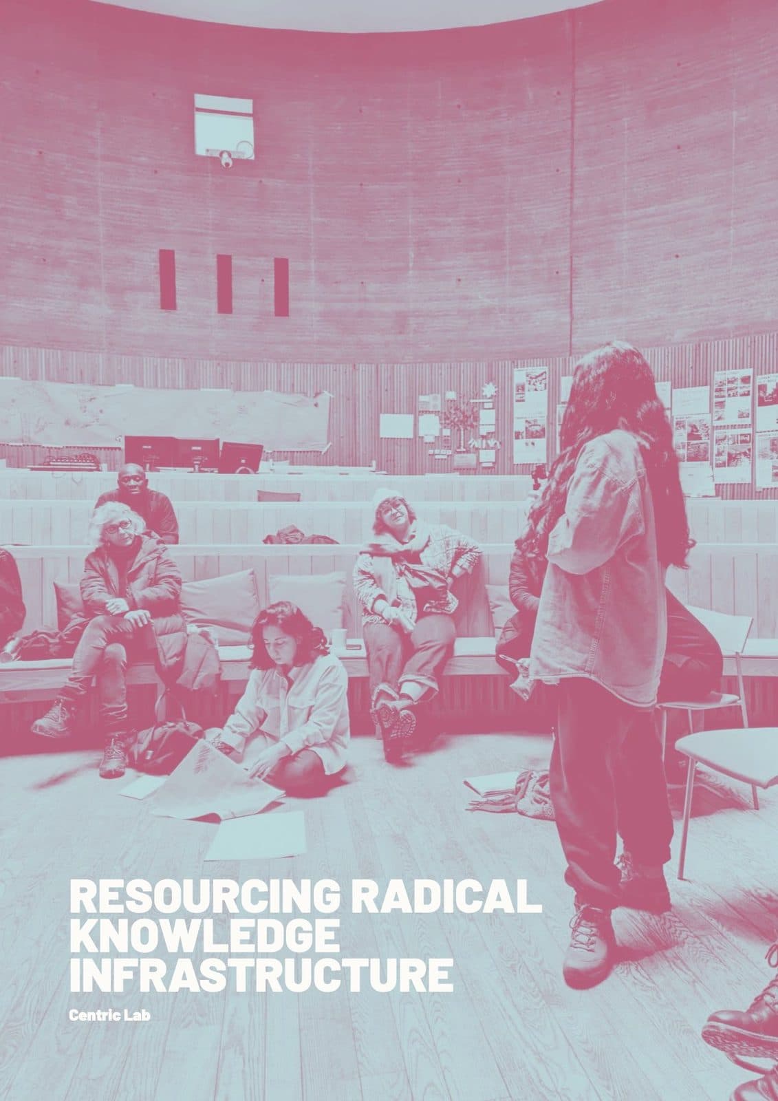 Duotone report cover: people seated in a curved timber lecture room, one person standing and addressing the group
