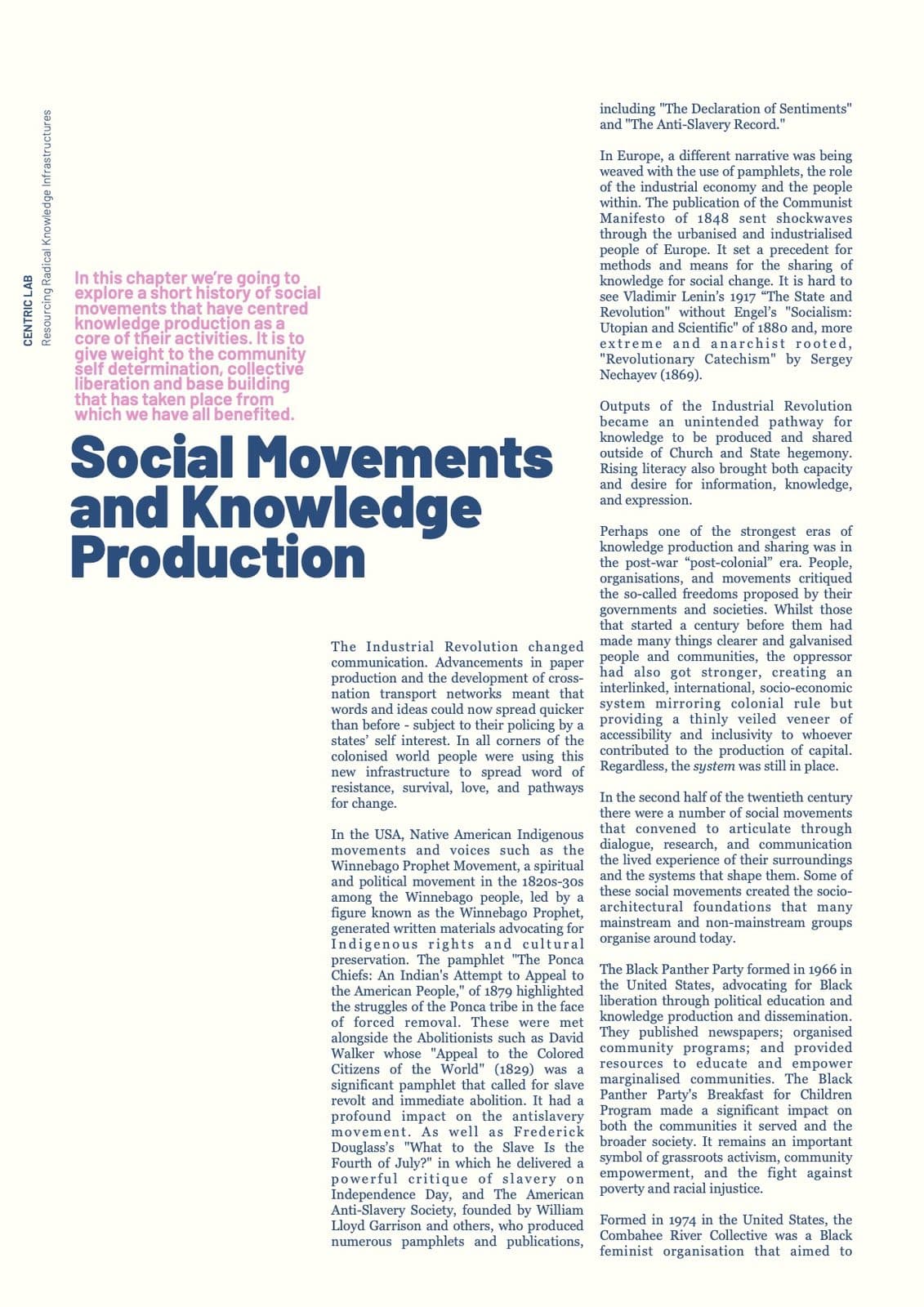 Report spread titled Social Movements and Knowledge Production tracing histories of community-led knowledge