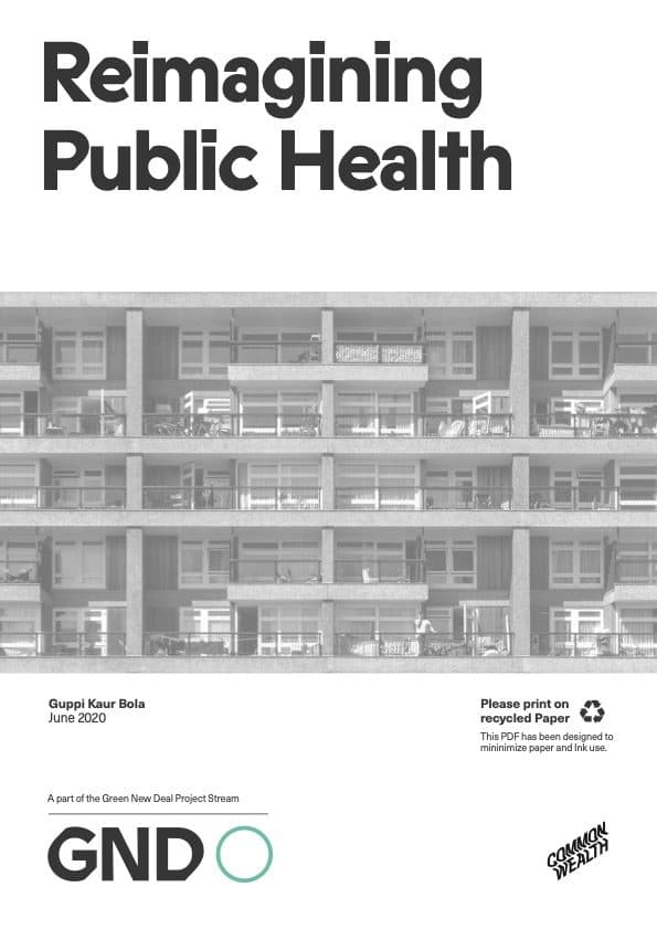 Reimagining Public Health report cover, bold title over a black-and-white photo of a concrete housing block
