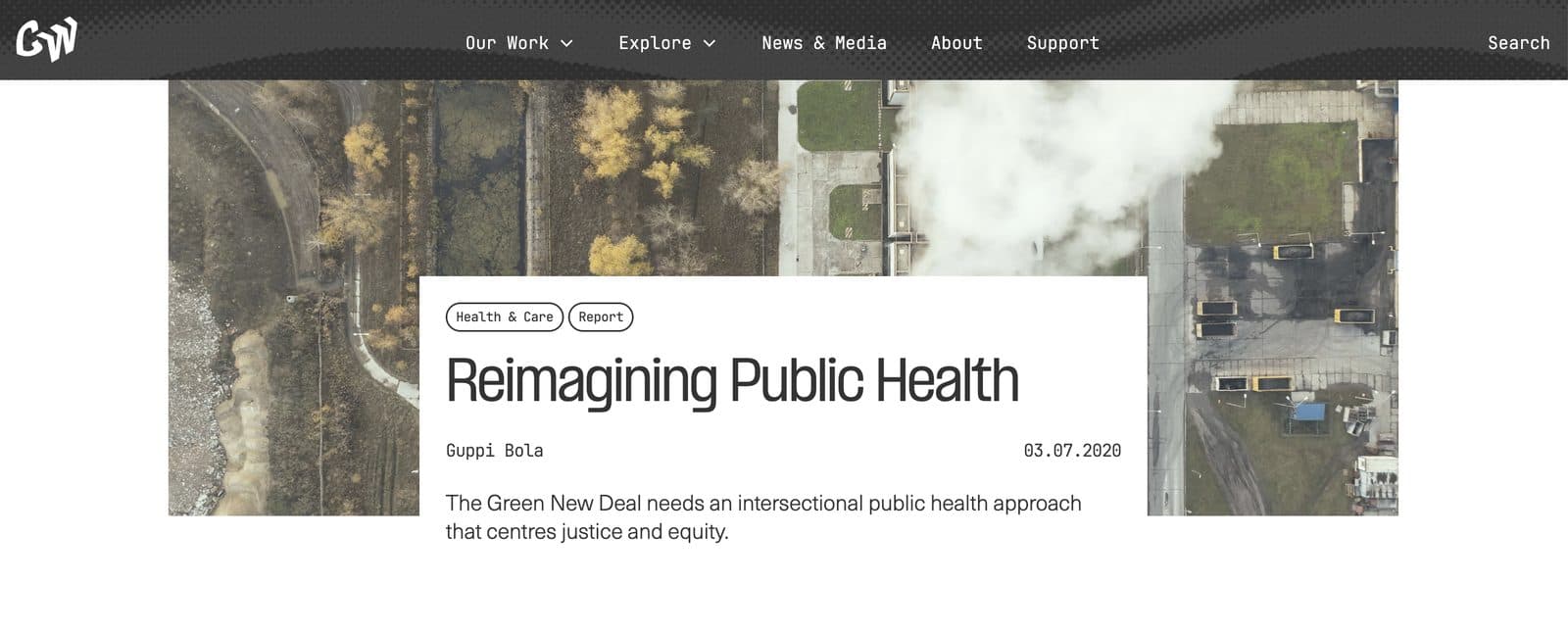 Common Wealth website article header for Reimagining Public Health over an aerial photo of suburban streets