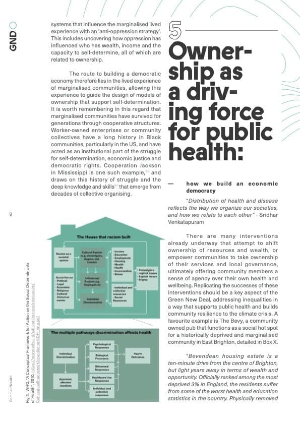 Report page on ownership as a driving force for public health with WHO diagram of 'The House that racism built'