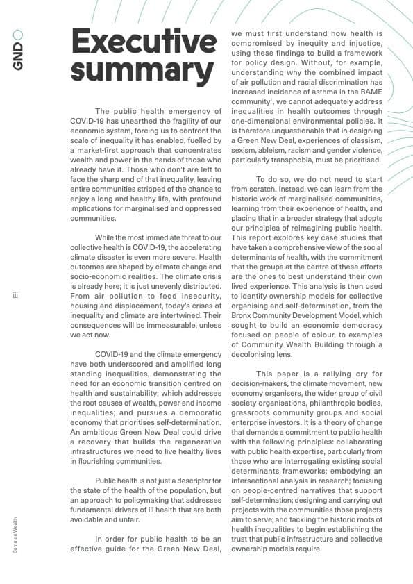 Executive summary spread linking COVID-19, climate and structural inequality to public health