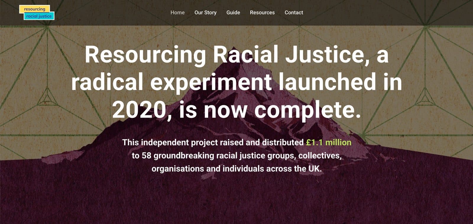 RRJ website hero announcing the radical 2020 experiment is complete, having raised and distributed £1.1 million to 58 groups