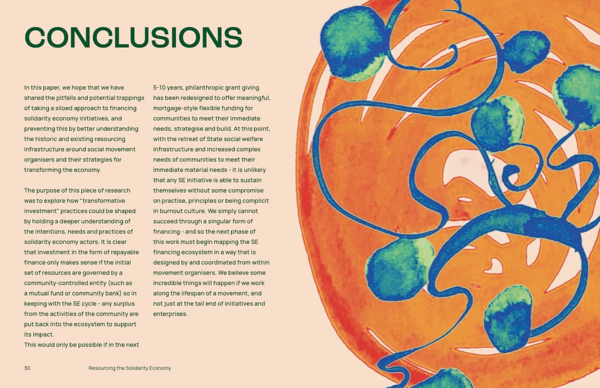 Conclusions spread with green headline and a large blue-and-green vine-like illustration on orange