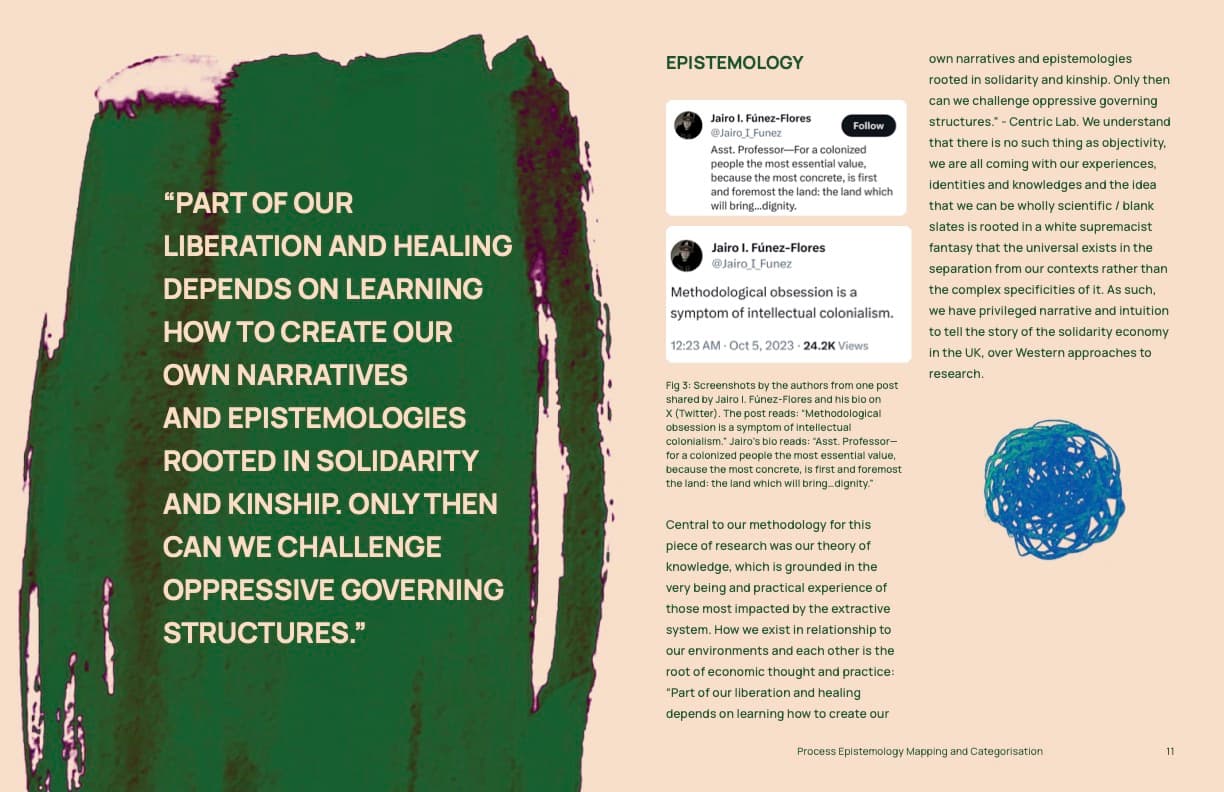 Epistemology spread featuring a quote on liberation and solidarity over a green-and-purple painted block