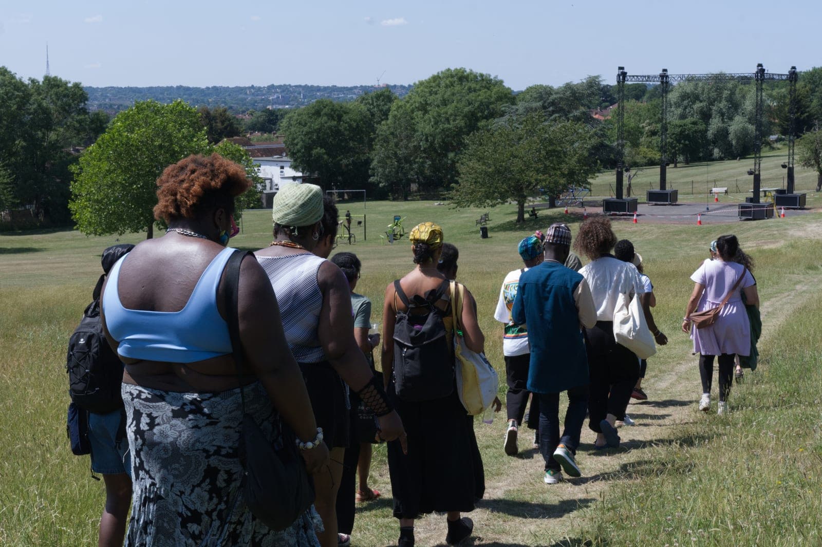 Participants on a walk to Nubia Way, a Black-led self-build housing development