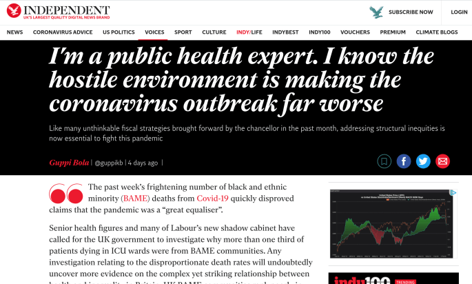 Screenshot of Independent article from April 2020 on public health and the hostile environment